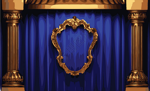 丰裕矢量金色框和蓝幕幕台窗帘镜子艺术天鹅绒手势场景框架金子歌剧礼堂设计图片