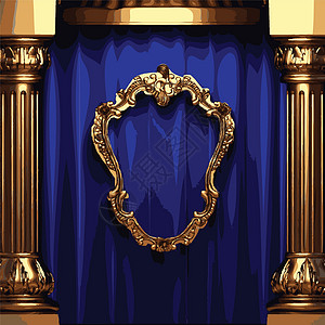 1933老场坊矢量金色框和蓝幕幕台剧场推介会歌词金子剧院播音员天鹅绒布料框架织物设计图片