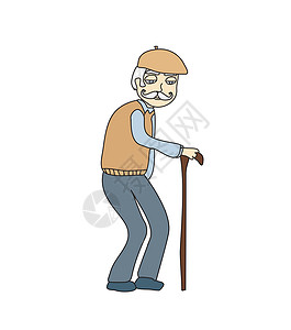 老人走路白背景的老人 矢量销售病人悲伤剪贴贝雷帽疼痛背心卡通片老将拐杖设计图片