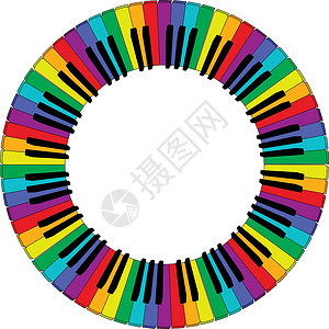 圆彩的钢琴键盘彩虹娱乐艺术黑色绘画音乐钥匙合成器指法框架设计图片