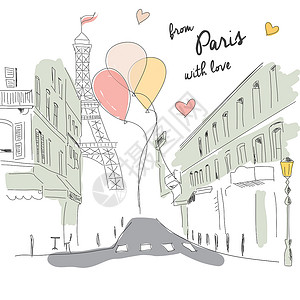 欧洲古镇街景来自巴黎街 埃菲尔塔和气球的贺卡设计图片