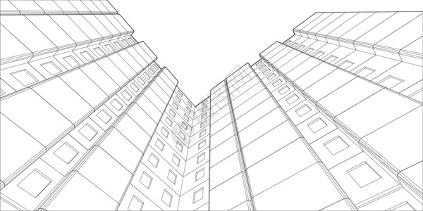 往上看电线框架建筑 从下往上查看 矢量城市公寓楼绘画工程高层建筑小区居住街道草图设计图片