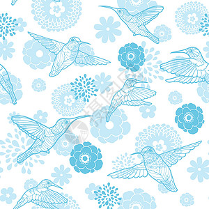 蜂鸟特工矢量蓝蜂鸟和鲜花线条的无缝模式设计图片
