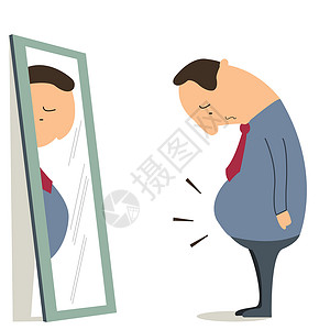镜子反射肚子大的男人成人经理大肚子重量商业商务人士卡通片反射老板设计图片