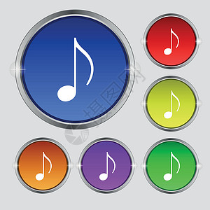 音乐按钮音符 音乐 铃声图标符号 光亮彩色按钮上的圆形符号 矢量打碟机电话制作者软件手机信号玩家笔记互联网插图设计图片