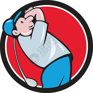 高尔夫球摇摆俱乐部圆环卡通运动员俱乐部男性高尔夫球玩家插图运动圆圈男人卡通片背景图片