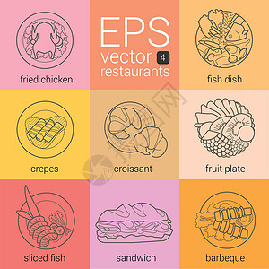果盘图标收集各种简化插图矢量图标 用于设计咖啡馆 餐饮菜单和网站时使用这些图标糖浆鱼片猪肉果盘牛扒饼子巧克力收藏夹子沙拉设计图片