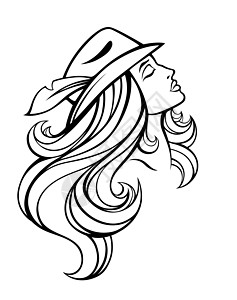 戴帽子的女人卡通时装女郎的矢量标准肖像画 长发戴帽子的长发白色 线形插图卡通片模型农场模特若虫警笛微笑女士眼睛头发设计图片