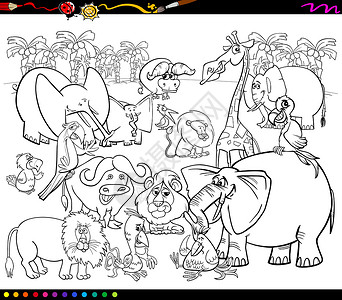 大象简笔画填色野外动物彩色书插图剪贴水牛绘画手掌荒野野生动物收藏鹦鹉染色设计图片