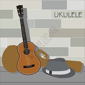 战国编钟Ukulele和巴拿马帽子娱乐热带文化爱好艺术棕色弦琴收藏木头装饰设计图片
