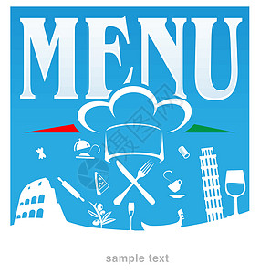 菜单设计模板意大利语菜单蓝色背景帽子酒吧插图品牌小酒馆推广小册子框架午餐卡片设计图片