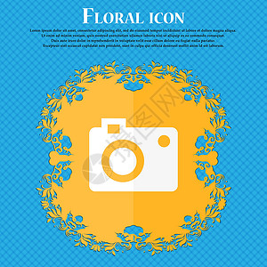 相机图标 蓝色抽象背景上的花卉平面设计 并为您的文本放置了位置 韦克托背景图片