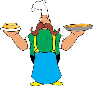 西餐厨师形象展示卡通做饭 手拿披萨和派设计图片