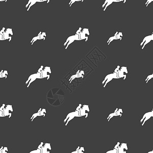 马奇亚托赛马 德比 马术运动 赛马图标标志的轮廓 灰色背景上的无缝模式 韦克托爱好良种行动马匹骑士男人竞赛跑马场小跑速度设计图片
