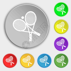 羽毛球俱乐部网球图标标志 八个平面按钮上的符号 韦克托标语锦标赛俱乐部竞赛场地插图字符串圆圈娱乐邮票设计图片