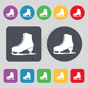 滑冰设计素材滑冰图标标志 一组 12 个彩色按钮 平面设计 韦克托乐趣运动员溜冰场跑步游戏运动活动速度冻结溜冰者设计图片
