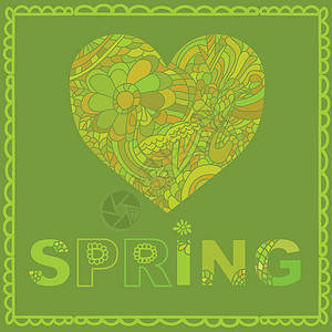 心形装饰品素材绿色的可爱卡片模板 时尚浪漫的卡片模板 心形由绿色背景上的彩色涂鸦制成设计图片