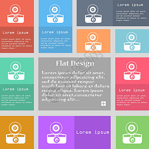 文本图标复古照片相机图标标志 一组带文本空间的彩色按钮 韦克托设计图片