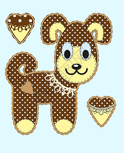 可爱棕色狗在贺卡 邀请函和带有布料纹理的标志的平板设计中用可爱的漫画狗设计图片