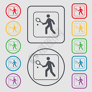 广场上的人网球玩家图标符号 圆形和带框架的平方按钮上的符号 矢量设计图片