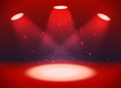 红色背景上带有三个聚光灯的空场景背景图片