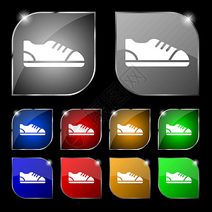 一次性鞋套鞋图标标志 套与强光的十个五颜六色的按钮 韦克托设计图片