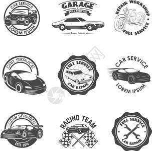 一套汽车修理 服务 赛车队标签和徽章高清图片