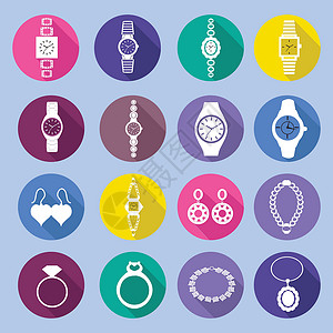 手表首饰图标设置与时尚手表和珠宝在平面样式设计图片
