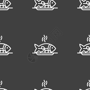 煤炭图标热鱼烧烤图标标志 灰色背景上的无缝模式 韦克托标签海鲜卡通片盘子菜单午餐炙烤火焰蔬菜插图设计图片