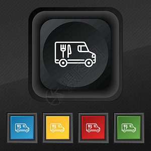 饭馆食品卡车图标符号 为您的设计设置黑色纹理上的五个彩色时尚按钮 韦克托设计图片