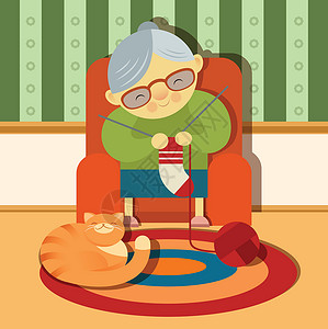 猫和人外祖母小猫家庭羊毛眼镜工艺活动灰色宠物退休动画片设计图片