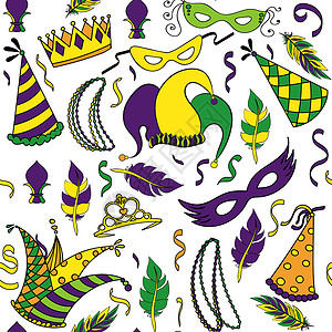 各种颜色的羽毛狂欢节无缝模式戏服包装面具派对丝带插图假期国王纺织品皇冠设计图片