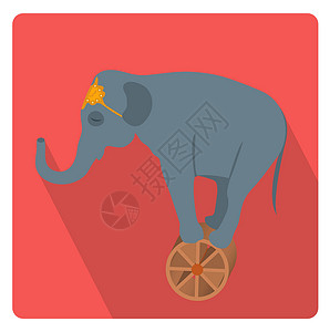 大象图标马戏团大象在方向盘上的图标平板风格 有长的阴影 孤立在白色背景上 矢量图解设计图片