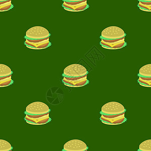 切达干酪在绿色背景上的汉堡包无缝模式设计图片