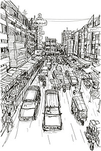 清迈白庙素描泰国当地市场在手绘 vec绘画旅行市中心城市交通文化天际景观草图建筑设计图片