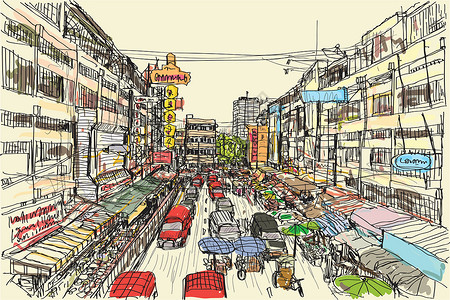 老香港街景素描城市景观泰国当地市场在地标旅行市中心绘画明信片建筑学街道天际购物文化设计图片