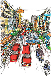 泰国清迈游素描泰国当地市场在手绘 vec绘画市中心明信片旅行店铺文化建筑学旅游景观地标设计图片