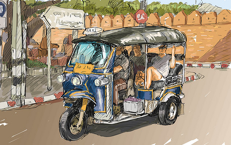 嘟嘟泰国清迈素描城市景观展示当地机动三轮车运输草图街道吸引力地平线自行车假期明信片绘画旅行设计图片