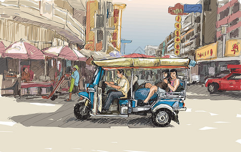 泰国清迈游泰国清迈素描城市景观展示当地机动三轮车明信片绘画旅行旅游自行车三轮车地平线插图吸引力文化设计图片