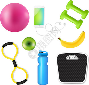 健身小工具体育健身队健康瓶子毛巾电话工具运动鞋绳索游戏重量饮食设计图片