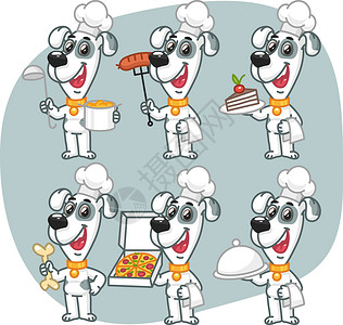 毛巾蛋糕设置带有不同对象的字符狗厨师设计图片