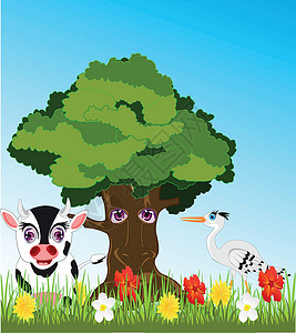 牛眼雏菊林木和牲畜 在耕地上设计图片