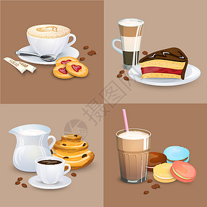 牛奶制品一套咖啡饮料 甜食和面包制品设计图片