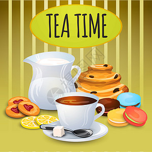 果酱饼干收集含奶罐和糖果的茶设计图片