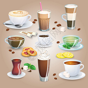 茶和咖啡一套茶饮料糖果和烘焙产品玻璃薄荷柠檬蛋糕美食带子拿铁牛奶杯子勺子设计图片