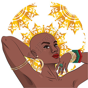 美国种族非洲裔美国黑人美女肖像棕色化妆品头发女士卷曲女孩理发成人治疗插图设计图片