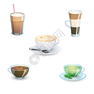 拿铁锹的人一套美味的热饮咖啡 茶叶和用品 在白色背景上隔绝 矢量插图拿铁飞碟餐具美食牛奶杯子薄荷奶油香气咖啡杯设计图片