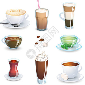 伴侣咖啡一套不含酒精的饮料花草茶热巧克力拿铁咖啡 矢量在白色杯子拿铁食物排毒可可巧克力薄荷收藏插图卡通片设计图片