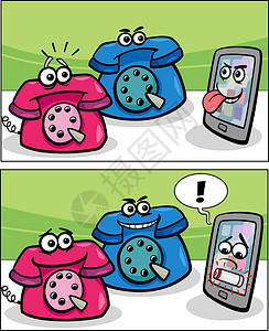 冷笑旧电话和智能电话漫画设计图片