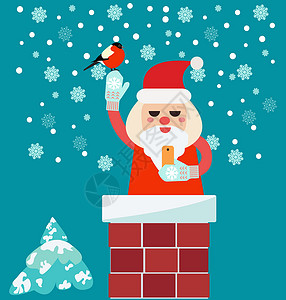 圣诞老人烟囱圣誕卡片 在Chimney的圣诞圣诞老人拿着智能手机设计图片